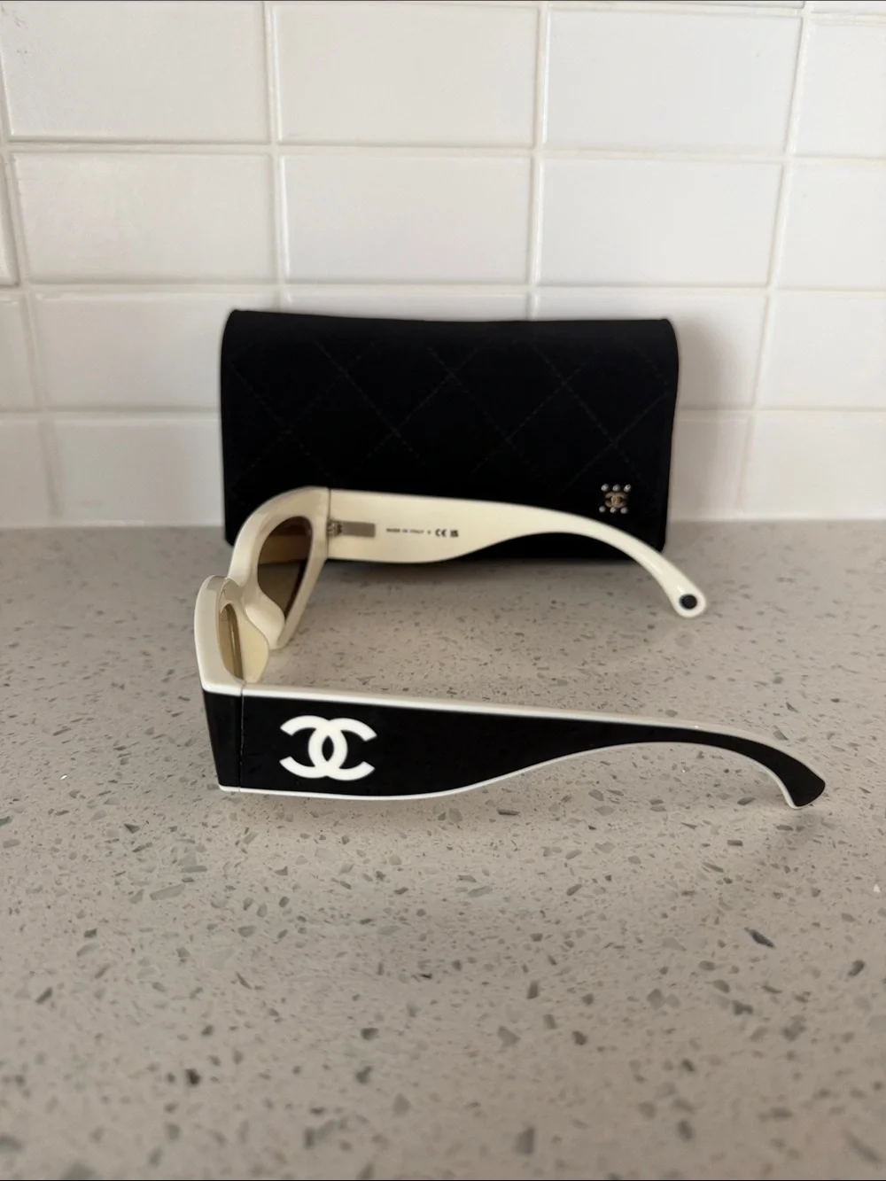 CHANEL Black and White Cat-Eye Sunglasses with Brown Lenses